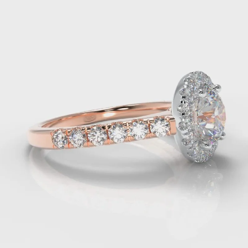 Micropavé Round Brilliant Cut Diamond Halo Engagement Ring - Two Tone Rose Gold