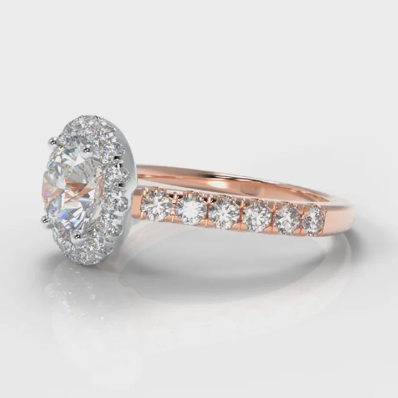 Micropavé Round Brilliant Cut Diamond Halo Engagement Ring - Two Tone Rose Gold