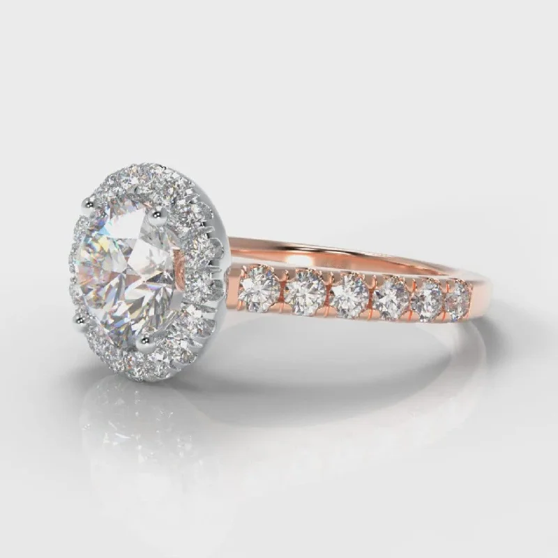 Micropavé Round Brilliant Cut Diamond Halo Engagement Ring - Two Tone Rose Gold