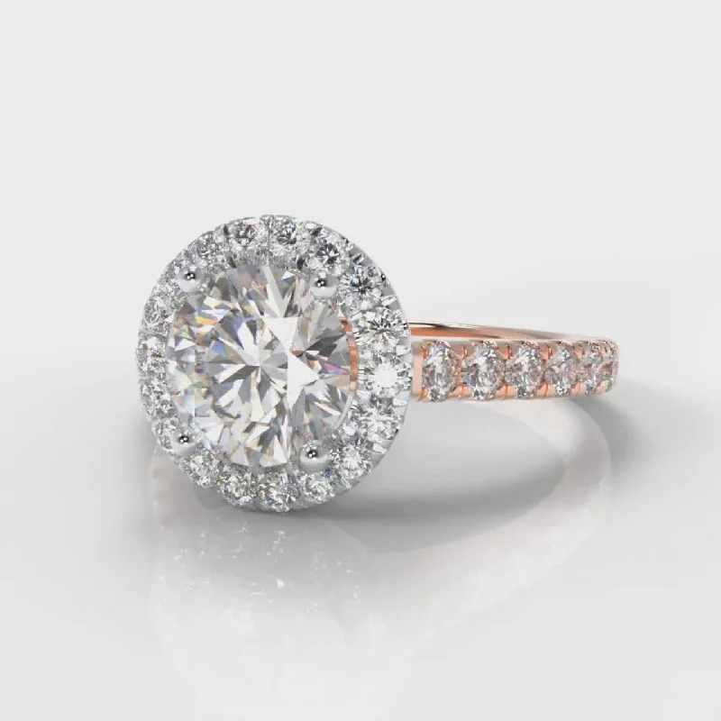 Micropavé Round Brilliant Cut Diamond Halo Engagement Ring - Two Tone Rose Gold