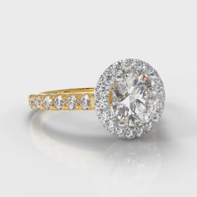 Micropavé Round Brilliant Cut Diamond Halo Engagement Ring - Two Tone Yellow Gold