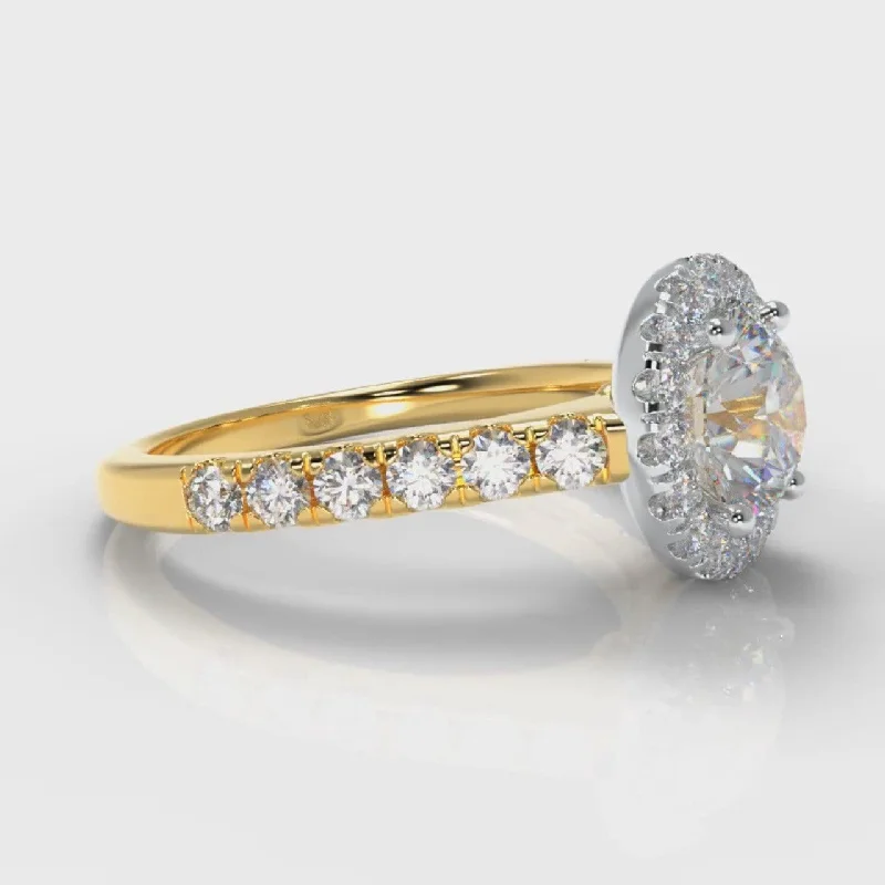 Micropavé Round Brilliant Cut Diamond Halo Engagement Ring - Two Tone Yellow Gold