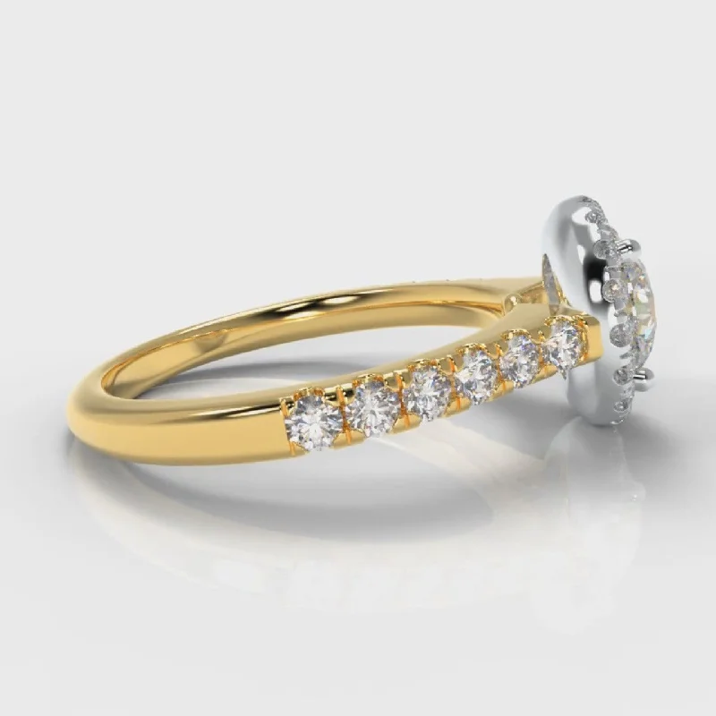 Micropavé Round Brilliant Cut Diamond Halo Engagement Ring - Two Tone Yellow Gold