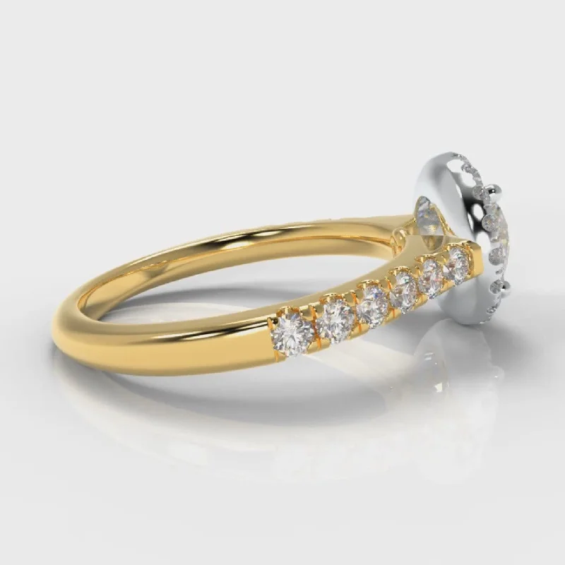 Micropavé Round Brilliant Cut Diamond Halo Engagement Ring - Two Tone Yellow Gold