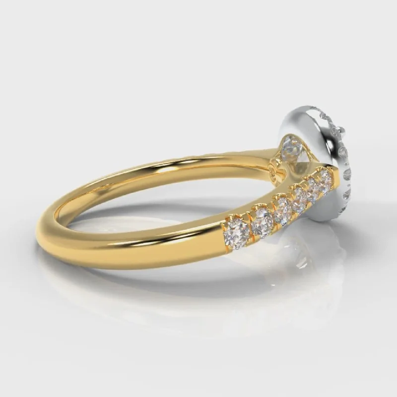 Micropavé Round Brilliant Cut Diamond Halo Engagement Ring - Two Tone Yellow Gold