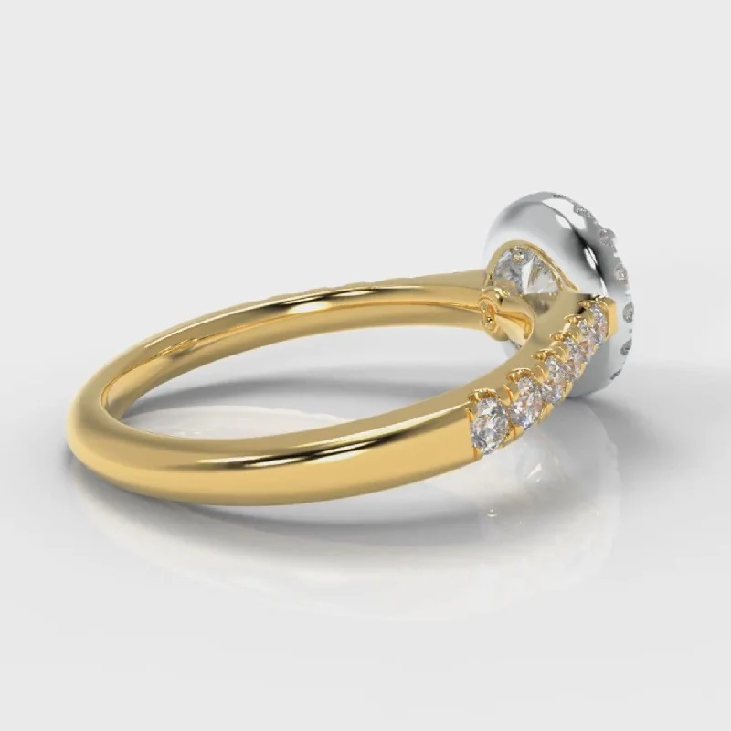 Micropavé Round Brilliant Cut Diamond Halo Engagement Ring - Two Tone Yellow Gold