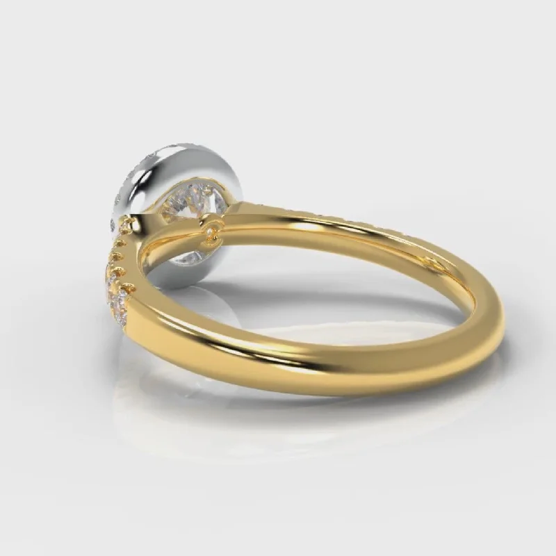 Micropavé Round Brilliant Cut Diamond Halo Engagement Ring - Two Tone Yellow Gold