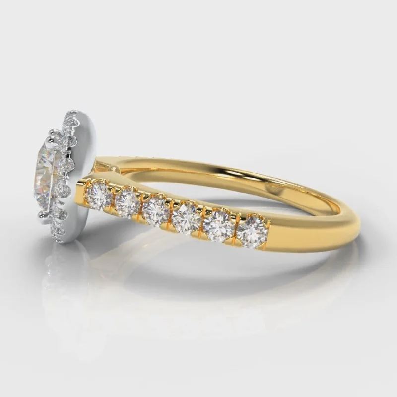 Micropavé Round Brilliant Cut Diamond Halo Engagement Ring - Two Tone Yellow Gold