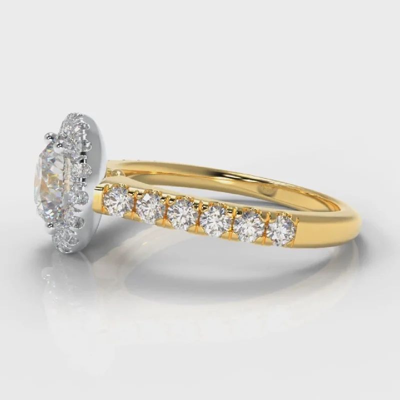 Micropavé Round Brilliant Cut Diamond Halo Engagement Ring - Two Tone Yellow Gold