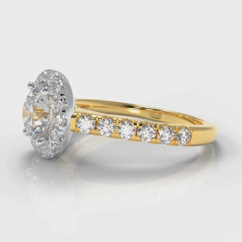 Micropavé Round Brilliant Cut Diamond Halo Engagement Ring - Two Tone Yellow Gold