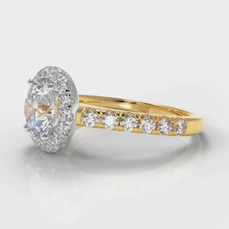 Micropavé Round Brilliant Cut Diamond Halo Engagement Ring - Two Tone Yellow Gold