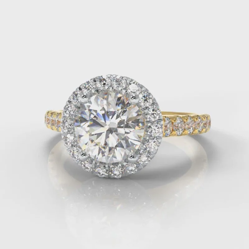 Micropavé Round Brilliant Cut Diamond Halo Engagement Ring - Two Tone Yellow Gold