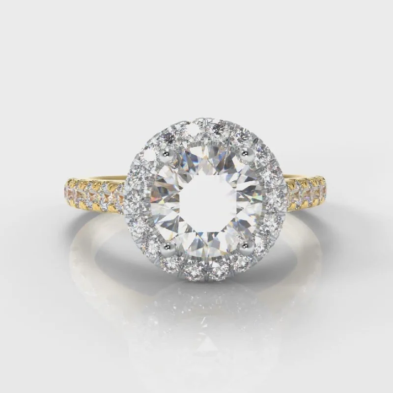 Micropavé Round Brilliant Cut Diamond Halo Engagement Ring - Two Tone Yellow Gold