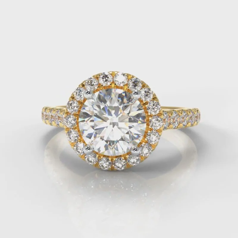 Micropavé Round Brilliant Cut Diamond Halo Engagement Ring - Yellow Gold