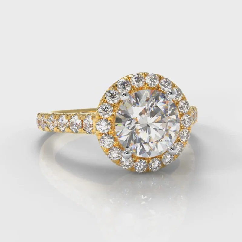 Micropavé Round Brilliant Cut Diamond Halo Engagement Ring - Yellow Gold