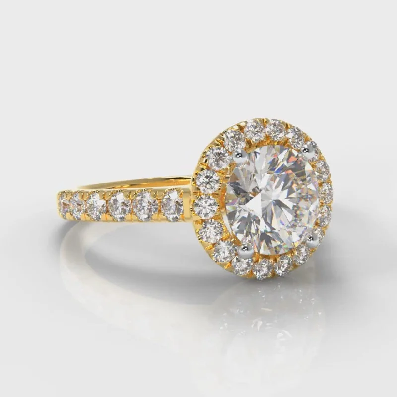 Micropavé Round Brilliant Cut Diamond Halo Engagement Ring - Yellow Gold