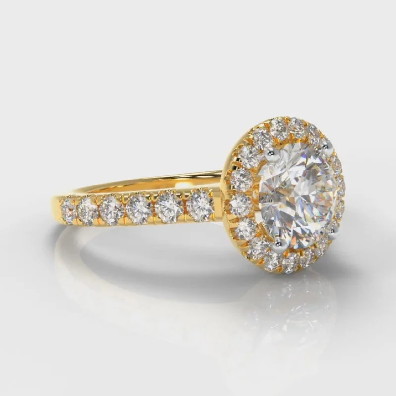 Micropavé Round Brilliant Cut Diamond Halo Engagement Ring - Yellow Gold