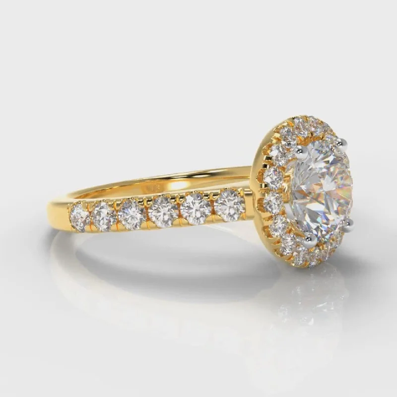 Micropavé Round Brilliant Cut Diamond Halo Engagement Ring - Yellow Gold