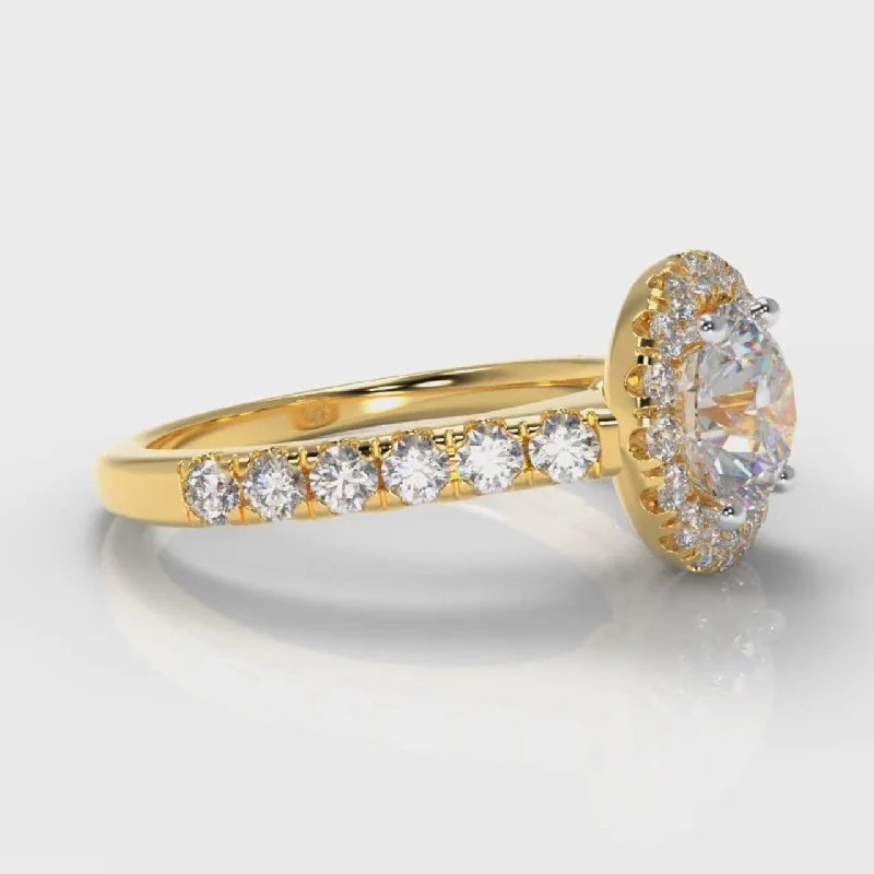 Micropavé Round Brilliant Cut Diamond Halo Engagement Ring - Yellow Gold