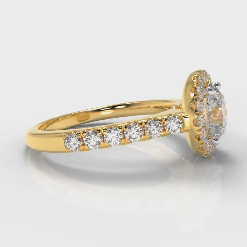 Micropavé Round Brilliant Cut Diamond Halo Engagement Ring - Yellow Gold