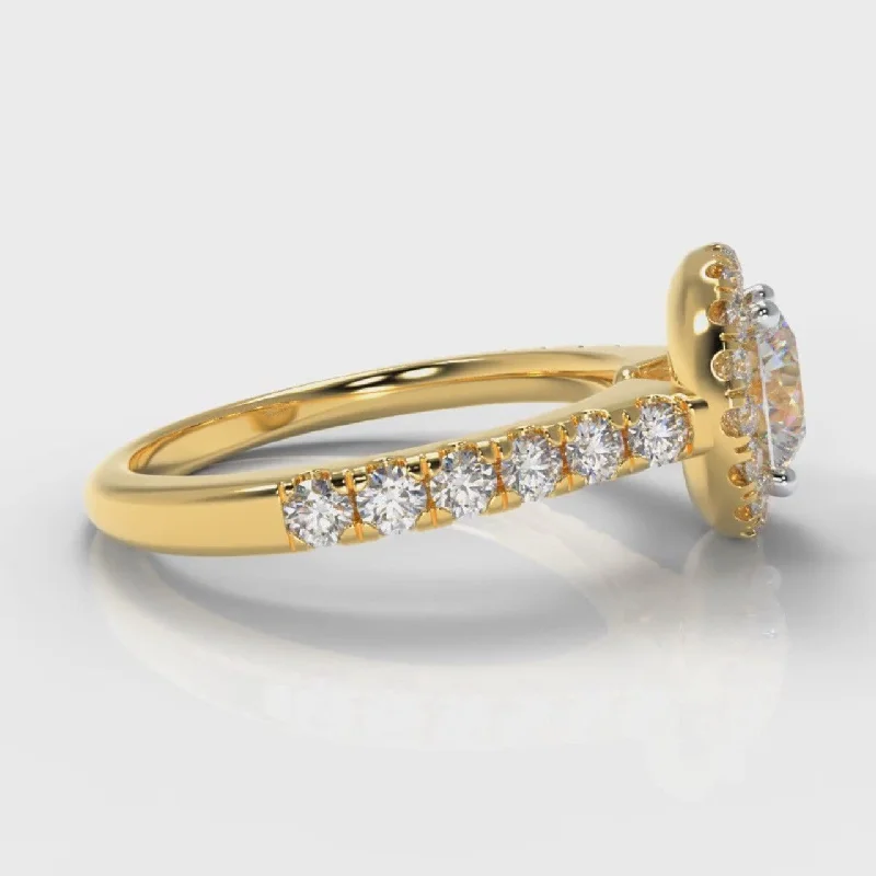 Micropavé Round Brilliant Cut Diamond Halo Engagement Ring - Yellow Gold