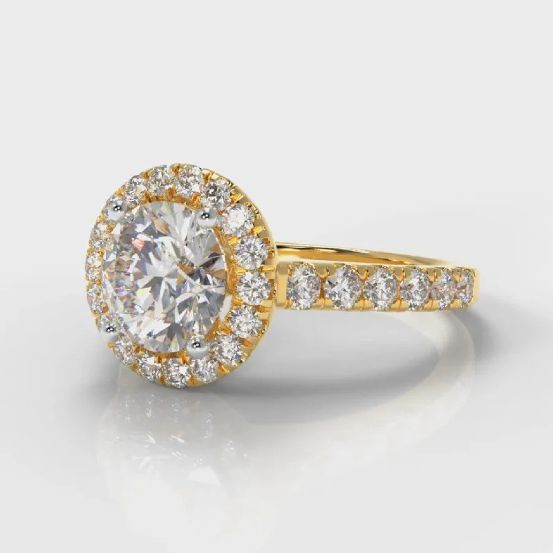 Micropavé Round Brilliant Cut Diamond Halo Engagement Ring - Yellow Gold