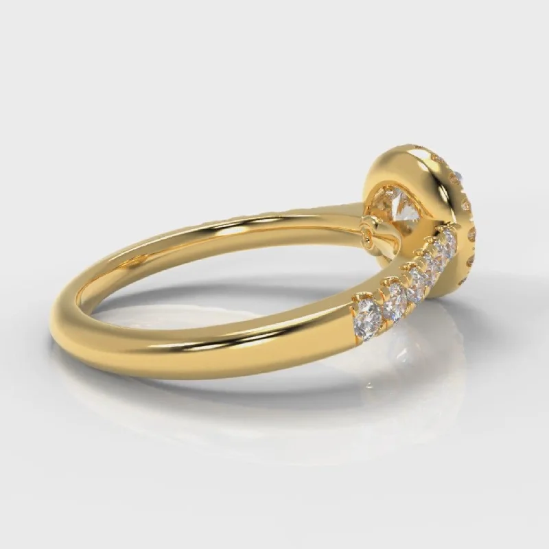 Micropavé Round Brilliant Cut Diamond Halo Engagement Ring - Yellow Gold