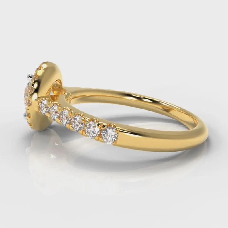 Micropavé Round Brilliant Cut Diamond Halo Engagement Ring - Yellow Gold