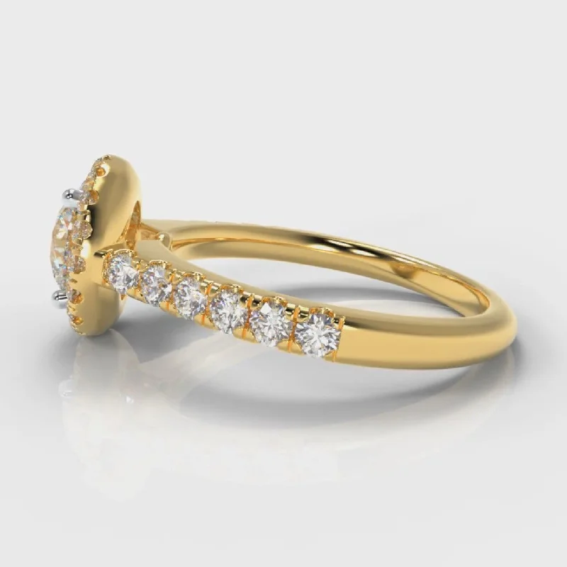 Micropavé Round Brilliant Cut Diamond Halo Engagement Ring - Yellow Gold