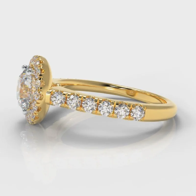 Micropavé Round Brilliant Cut Diamond Halo Engagement Ring - Yellow Gold