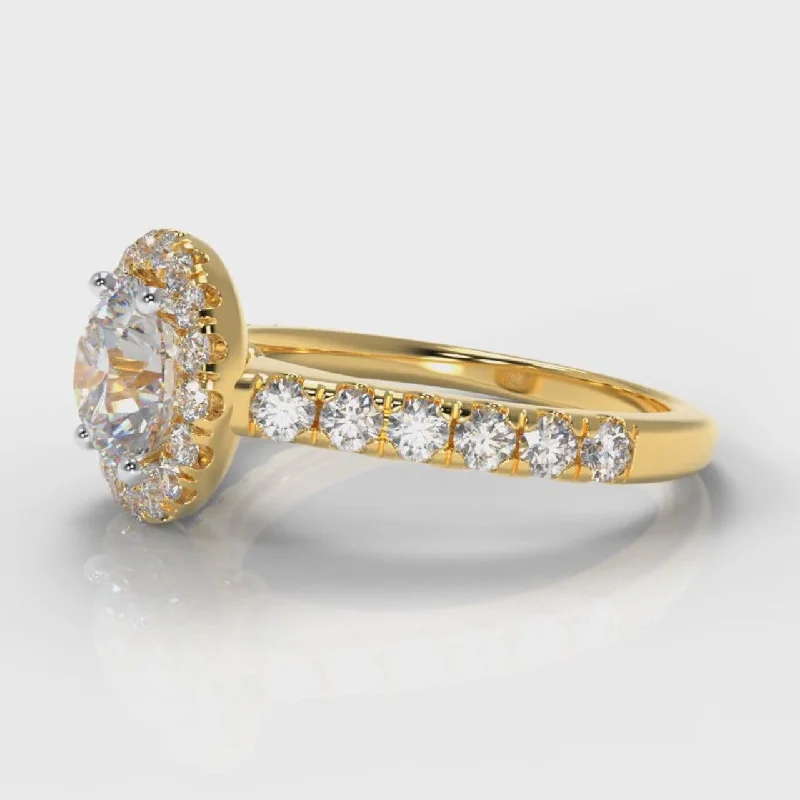 Micropavé Round Brilliant Cut Diamond Halo Engagement Ring - Yellow Gold