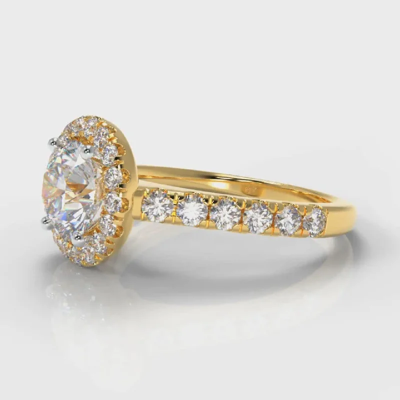 Micropavé Round Brilliant Cut Diamond Halo Engagement Ring - Yellow Gold