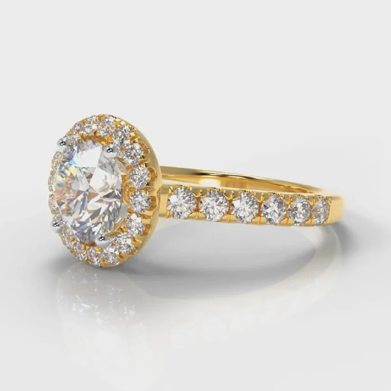 Micropavé Round Brilliant Cut Diamond Halo Engagement Ring - Yellow Gold