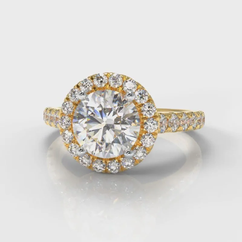 Micropavé Round Brilliant Cut Diamond Halo Engagement Ring - Yellow Gold