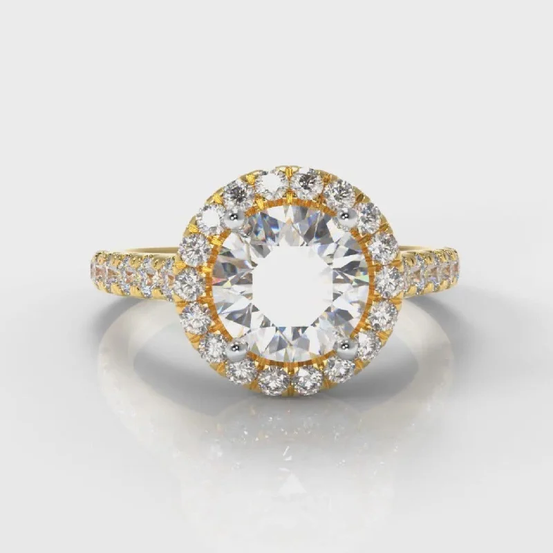 Micropavé Round Brilliant Cut Diamond Halo Engagement Ring - Yellow Gold