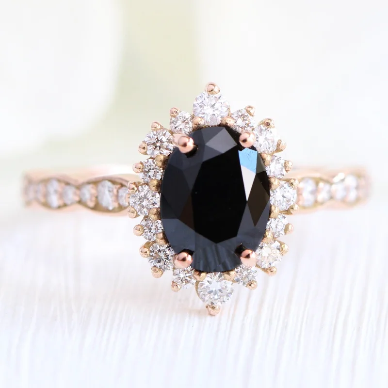 Oval Black Diamond Engagement Ring in Tiara Halo Diamond Scalloped Band