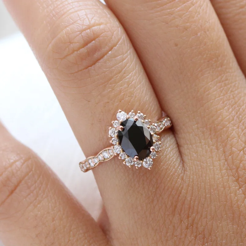 Oval Black Diamond Engagement Ring in Tiara Halo Diamond Scalloped Band