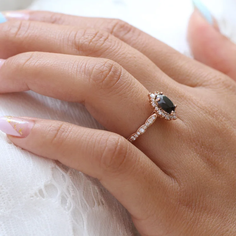 Oval Black Diamond Engagement Ring in Tiara Halo Diamond Scalloped Band