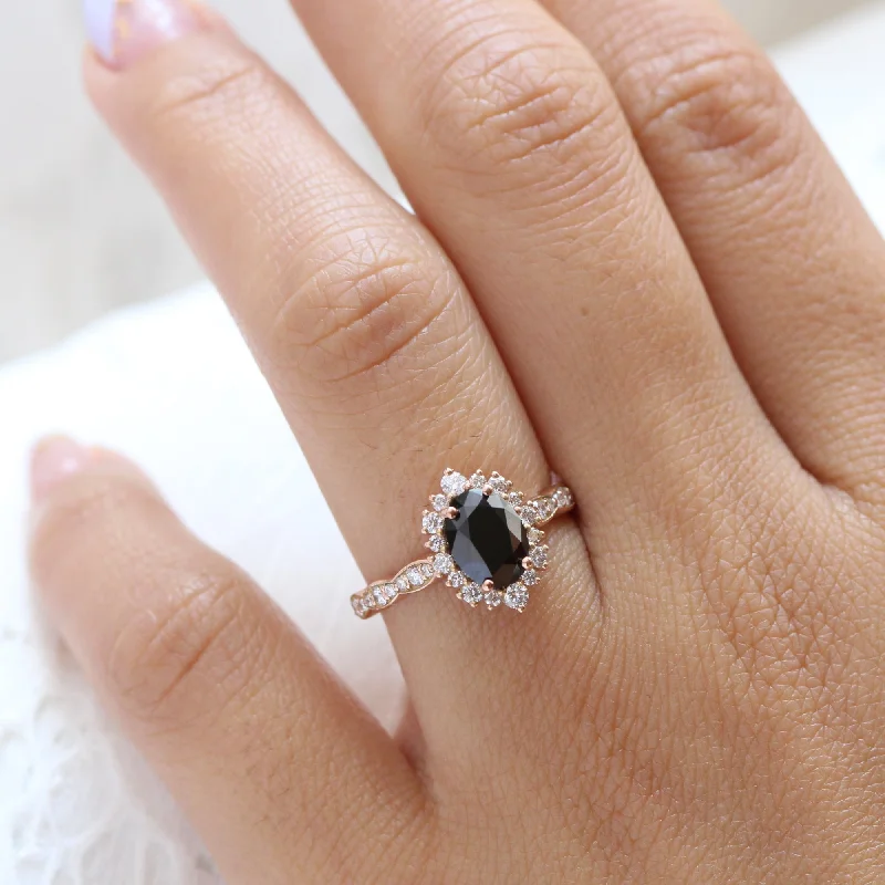 Oval Black Diamond Engagement Ring in Tiara Halo Diamond Scalloped Band