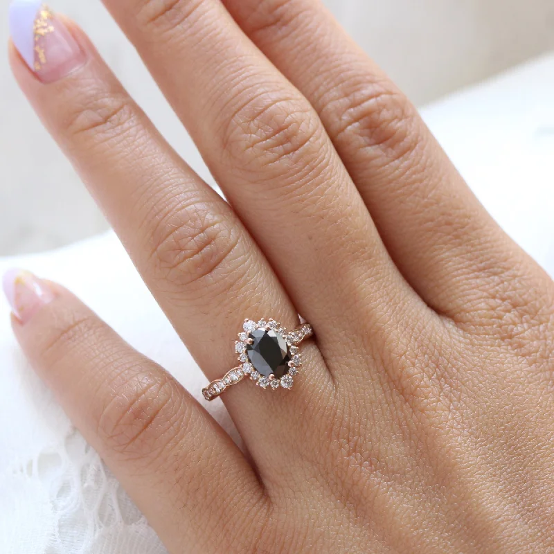 Oval Black Diamond Engagement Ring in Tiara Halo Diamond Scalloped Band