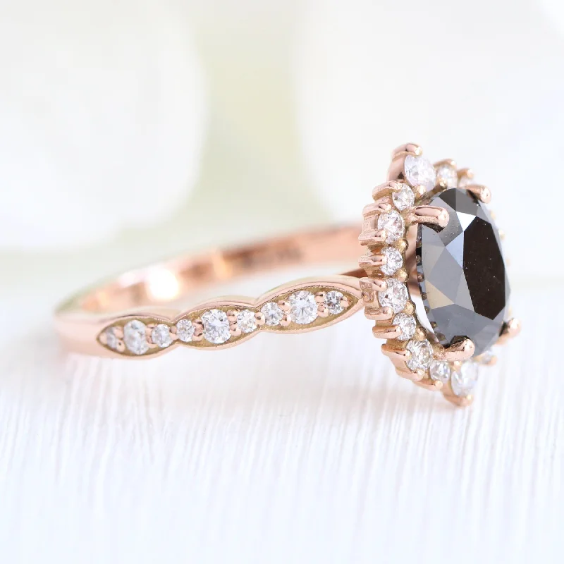 Oval Black Diamond Engagement Ring in Tiara Halo Diamond Scalloped Band