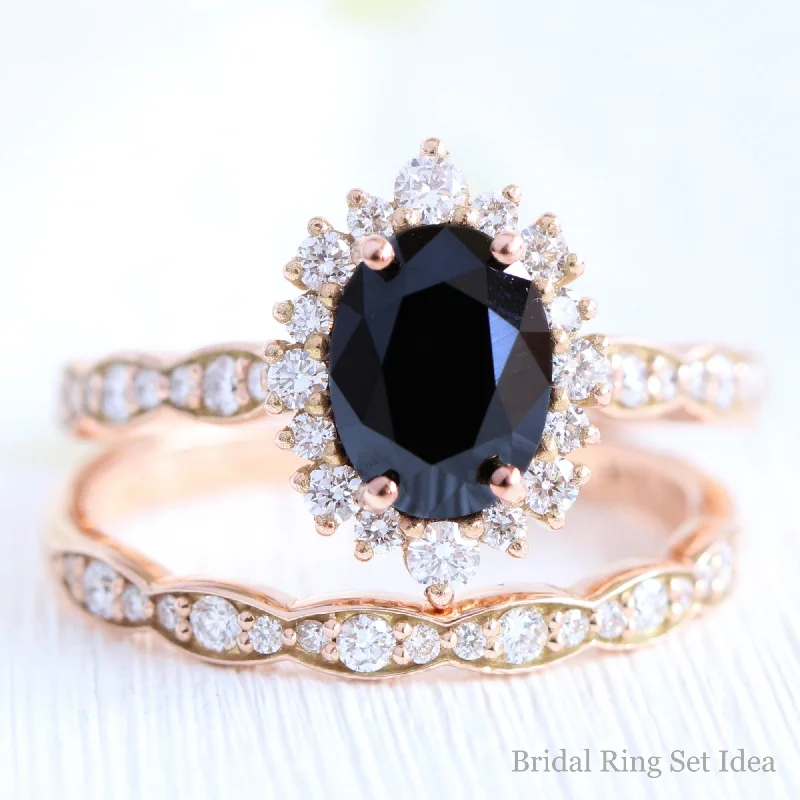 Oval Black Diamond Engagement Ring in Tiara Halo Diamond Scalloped Band