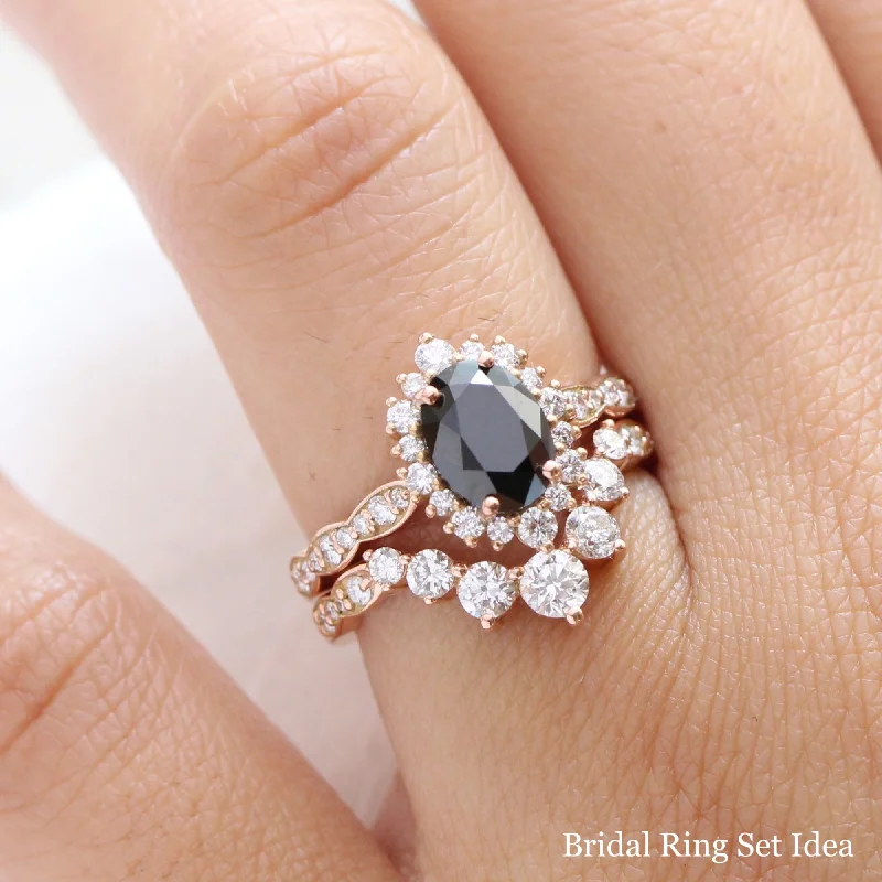 Oval Black Diamond Engagement Ring in Tiara Halo Diamond Scalloped Band