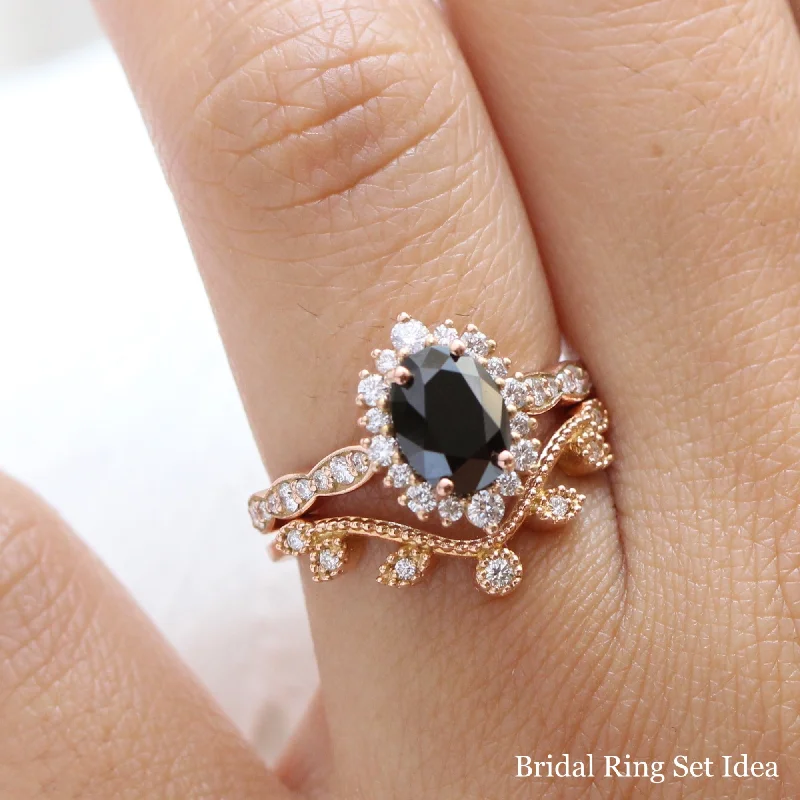 Oval Black Diamond Engagement Ring in Tiara Halo Diamond Scalloped Band