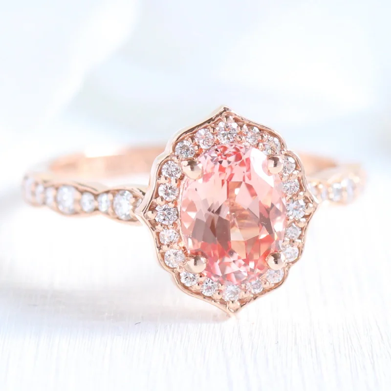 Oval Champagne Peach Sapphire Ring w/ Diamonds in Vintage Floral Ring