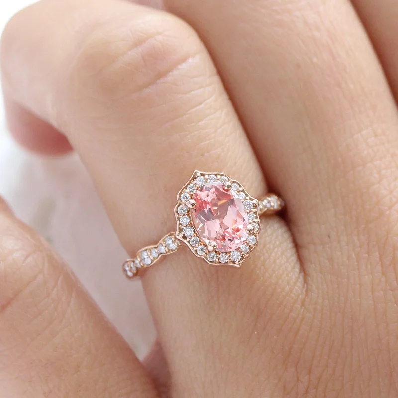 Oval Champagne Peach Sapphire Ring w/ Diamonds in Vintage Floral Ring