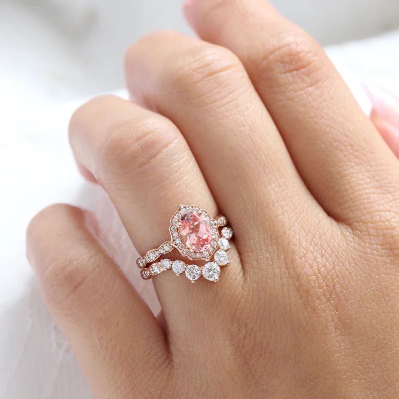 Oval Champagne Peach Sapphire Ring w/ Diamonds in Vintage Floral Ring