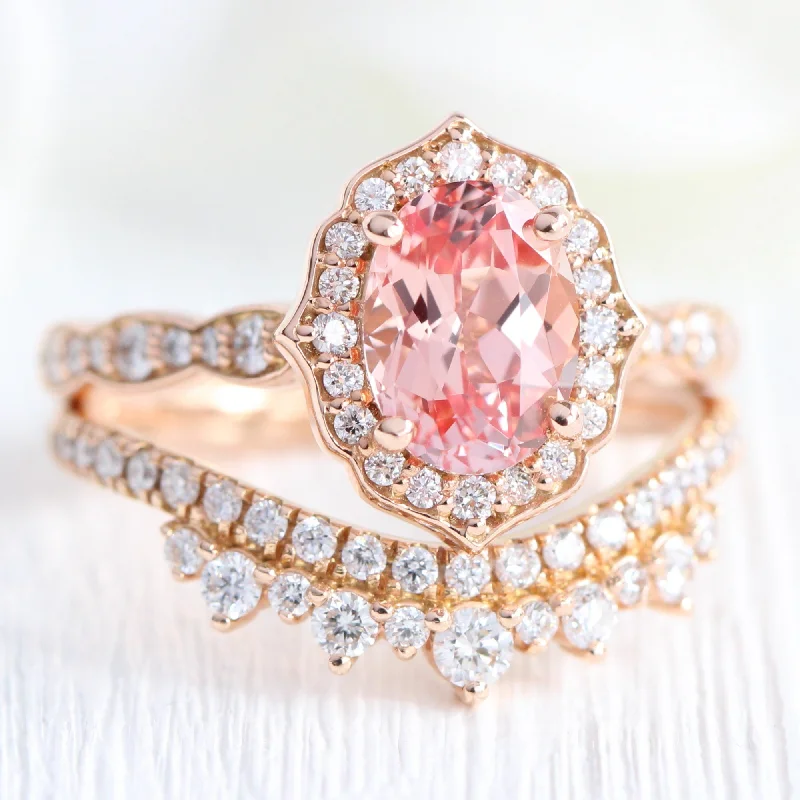 Oval Champagne Peach Sapphire Ring w/ Diamonds in Vintage Floral Ring