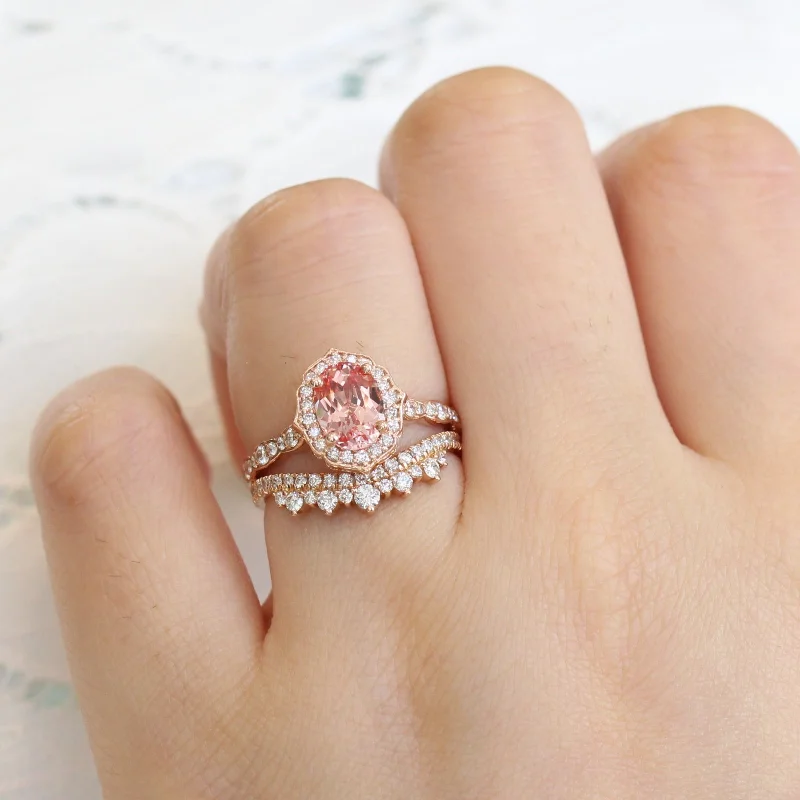 Oval Champagne Peach Sapphire Ring w/ Diamonds in Vintage Floral Ring