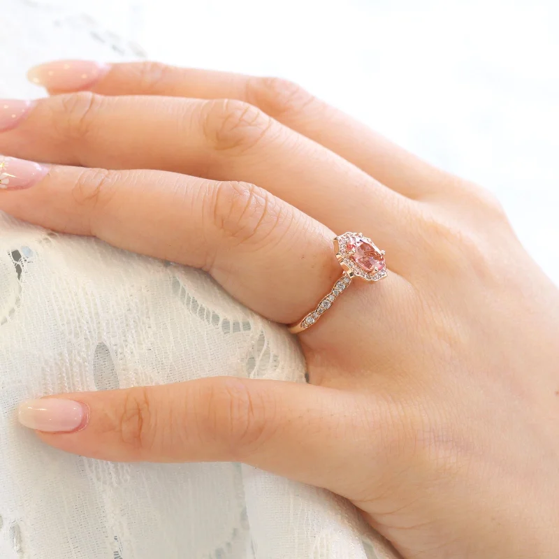 Oval Champagne Peach Sapphire Ring w/ Diamonds in Vintage Floral Ring